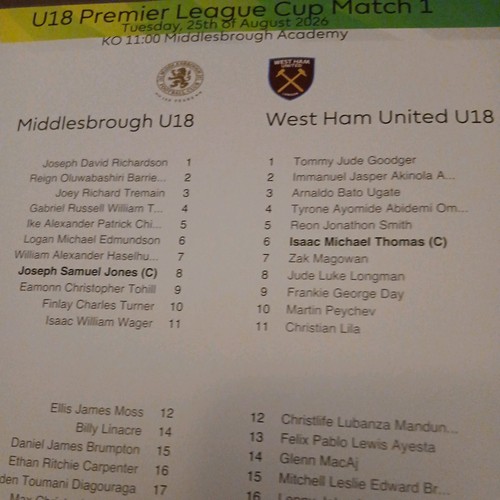 Middlesbrough u18s west ham - u18s,